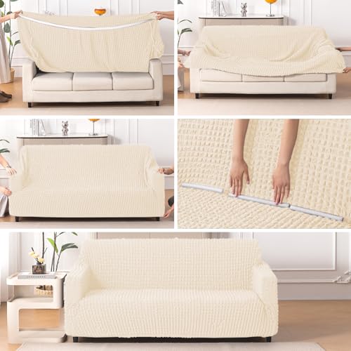 Image of HOKIPO 'Aria Nova' Elastic Stretchable 280 GSM Bubble Sofa Cover for 1 Seater, Light Cream (AR-6208-CRM)