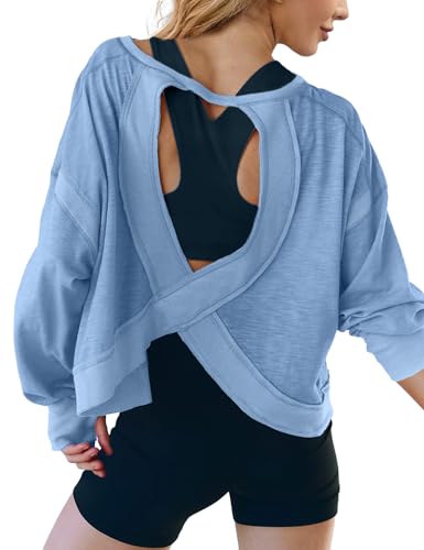 Image of UNIANKIYA Open Back Workout Tops for Women Long Sleeve Cropped Athletic Clothes Gym Running Yoga Low Impact Sports T Shirts