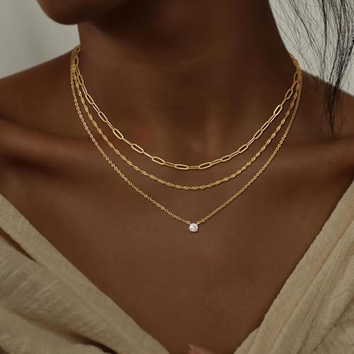 CHESKY Layered Gold Necklaces for Women, Dainty 14K Real Gold/Silver Plated Chain Necklace Diamond CZ Pendant Necklace for Women Adjustable Layering Choker Necklace Gold jewelry for Women Gifts3