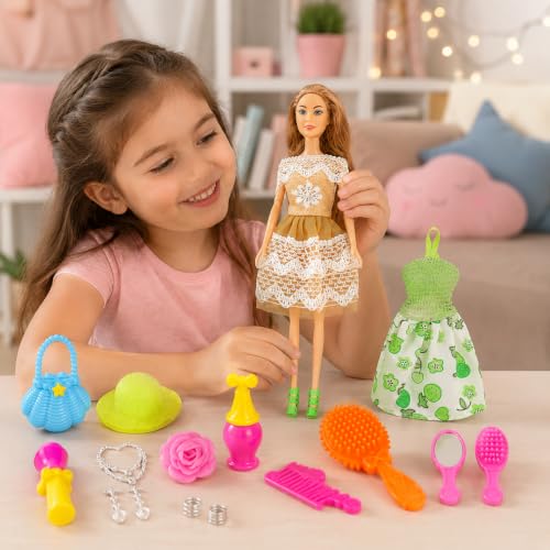Image of SHAKTISM Doll Set for Girls with Makeup, Dress, Accessories, Wardrobe Closet, Hangers, Necklace, Multicolor, 3 Years and Up (Hello Sweety Doll (Bag)