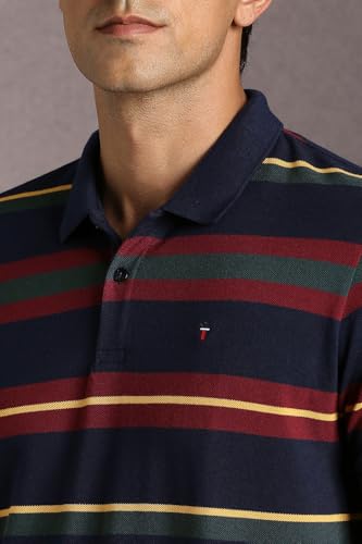 Image of Louis Philippe Men's Slim Fit Striper Design Aesthetic Solid Pique Half Sleeve Polo Tshirt with Stretch