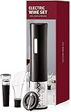 Abridor de vino 4 en 1 Juego, sacacorchos eléctrico Portátil, set sacacorchos electrico, con cortador de papel de aluminio, Tapón de Vino Silicona de Vacío y Vertedor de Vino (A)