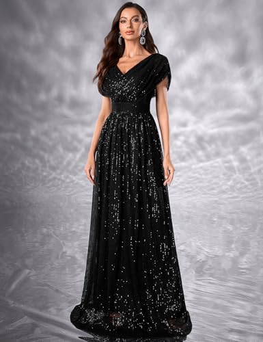 Image of Women's Sequin V-Neck Short Sleeve A-Line Evening Dress Elegant Evening Dresses Party Gowns