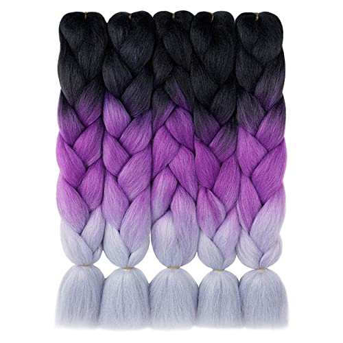 Aidusa Color Braiding Hair 5Pcs Synthetic Braid Hair Extensions 24 Inch 2 Tones For Box Braids Twist Crochet Braids 100G (#C21 Black To Purple To Gray) #TOP1