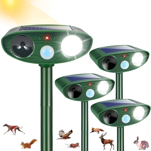 4Pack Solar Ultrasonic Animal Repellent Outdoor Deer Repellent Devices with Motion Detection&Flash Light Squirrel Cat Raccoon Rabbit Dog Deterrent, Keep Rodent Chipmunk Away for Yard Garden Lawn