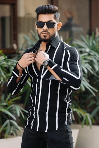 Image of MiraMichi Men's Striped Slim Fit Lycra Shirt | Full Sleeve Stretchable Shirt | Trendy Black and White Vertical Stripes for Casual