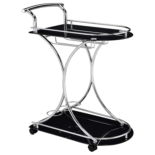 Coaster Home Furnishings Elfman 2-Tier Glass Shelf Metal Bar Cart Black and Chrome 910001