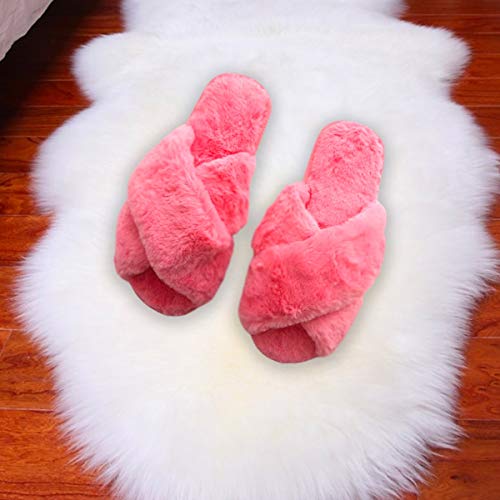 The Season Essentials U-slide Women’s Cross Band Soft Plush Fluffy Furry Fleece House Indoor or Outdoor Ladies’ Slide Slippers, Pink, XL/11-124