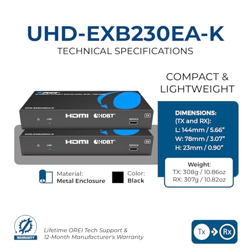 Image of OREI 4K eARC HDMI Extender Balun HDBaseT 3.0 UltraHD 4K @ 60Hz 4:4:4 Over Single CAT6 /7 Cable with LAN, CEC, ARC & Bi Directional IR Support, RS-232 Up to 130 Ft Audio Out - PoC