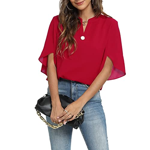 Funlingo Women's Summer Tops Short Sleeve Casual Shirts V Neck Chiffon Dressy Blouse Flowy Tops Red Small #TOP2