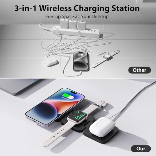 KU XIU X55 Fast Wireless Charger, Magnetic Foldable 3 in 1 Charging Station for iPhone 15/14/13/12Pr