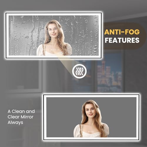 LOAAO 84"X40" LED Bathroom Mirror Black Framed, Anti-Fog, Dimmable, Lighted Bathroom Vanity Mirror for Wall, Memory Function, Tempered Glass