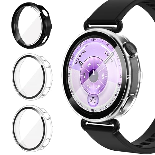 iVoler 3 Pezzi Cover con Vetro Temperato per Huawei Watch GT 6 41mm, Copertura Completa Pellicola Protettiva Custodia Antiurto, Sottile Anti-Graffio Rigida Bumper Case, 2 Trasparente + 1 Nero