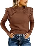 Saodimallsu Womens Cable Knit Sweaters Mock Neck Fringe Fitted Long Sleeve Boho Trendy Pullover Tops Coffee