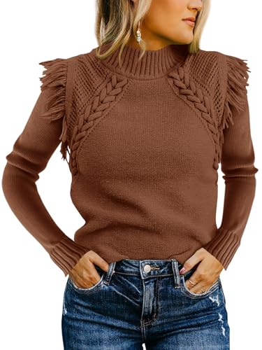 Saodimallsu Womens Cable Knit Sweaters Mock Neck Fringe Fitted Long Sleeve Boho Trendy Pullover Tops