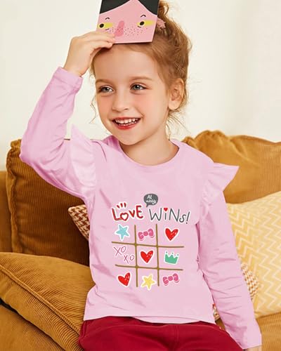 Tkria Valentine Girl Shirt Love Heart Bees Dinosaurs Kisses and Hugs Ruffle Long Sleeve Tee Top 1-7 Years3