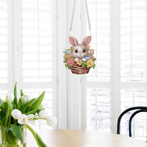 Image of AiYuanzsh Rabbit Flower Basket Diamond Painting Hanging Kit, 5D DIY Acrylic Special Shaped Diamond Art Pendant Ornament with Chain for Wall, Door, or Garden Decor, Easter Diamond Art Kit for Adults