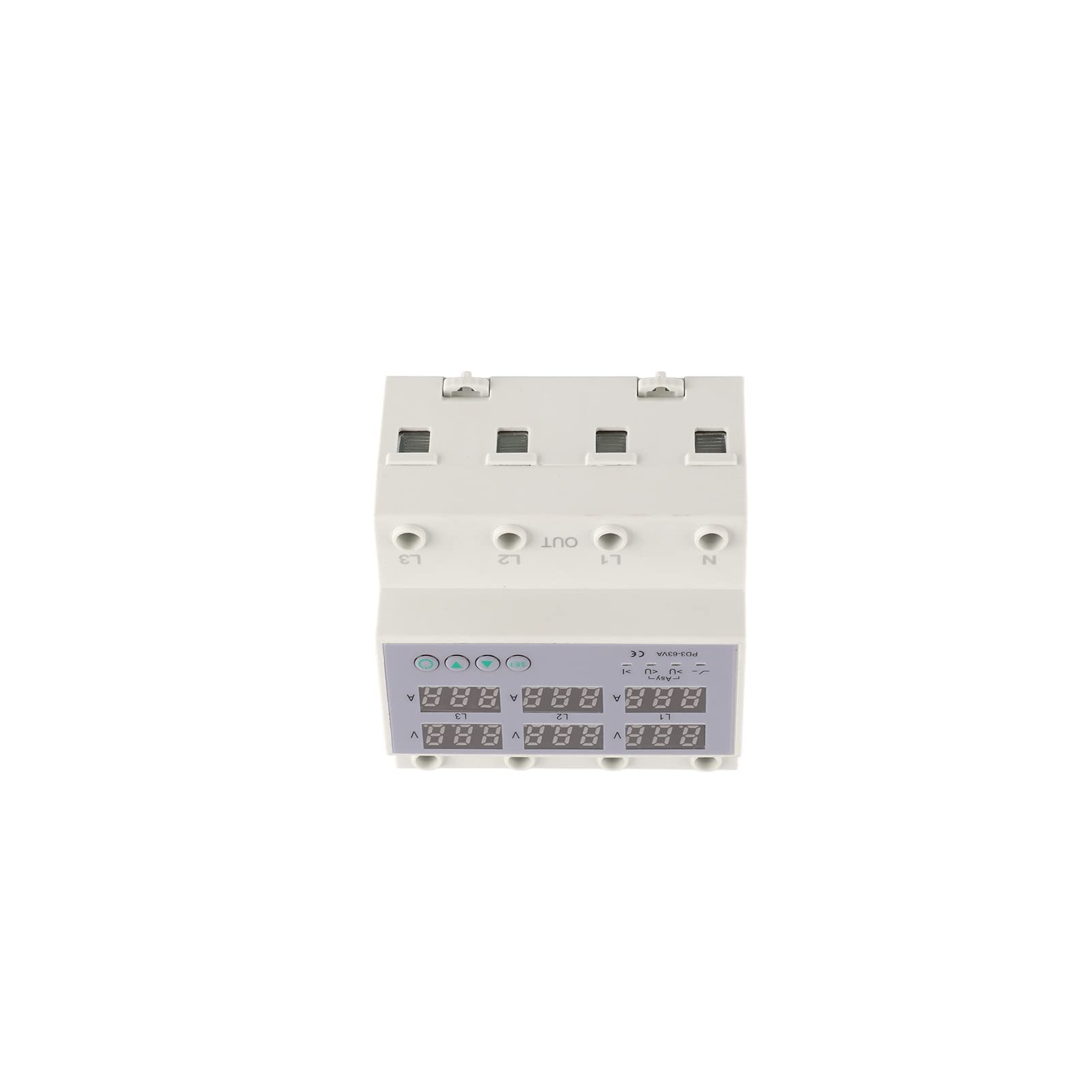 Front view of the TOPINCN 3-Phase DIN Rail Voltmeter Ammeter Overvoltage Overcurrent Protector