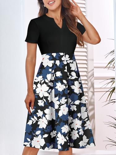 Image of YATHON Womens Elegant Print Notched Neck Slant Pocket Pleated Hem Casual A-Line Dress