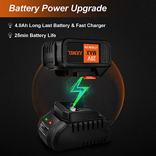 JUEMEL 20V Cordless Leaf Blower with 4.0 Ah Battery, 2 in 1 Sweeper/Vacuum Variable Speed Electric Leaf Blower for Blowing Leaf/Snow, Computer Host, Work Around The House