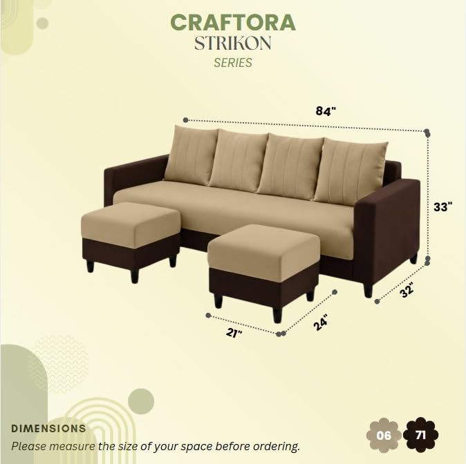 Image of Strikon Plush 6 Seater L Shape Sofa Set with 2 Movable Ottoman | Flexible Layout |Silken Velvet Suede | Designer Sofa for Living Rooms & Office Spaces (Beige & Dark Brown)