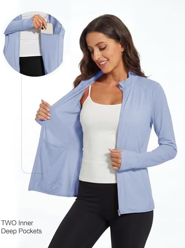 MAGCOMSEN Women's UPF 50+ Athletic Jackets Zip Up Lightweight Sun Protection Shirts with Thumb Holes Workout Pale Blue M - 5