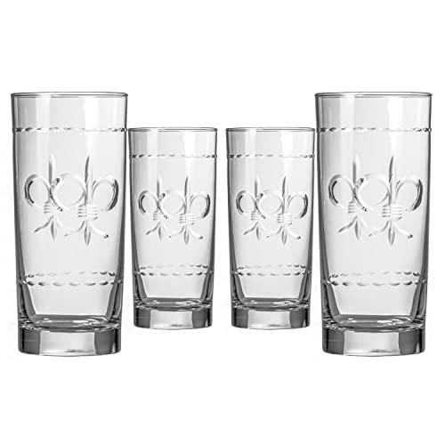 Rolf Glass Fleur De Lis Highball Glass 15 ounce - Set of 4 Cooler Glasses - Lead-Free Glass - Etched Drinking Glass with Heavy Base - Proudly Made in the USA