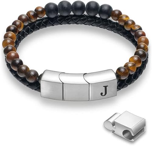 Mesurely Leather Bracelet for men Initial Double-Row Braided Leather Bracelet Bangle Wristband with Stainless Steel Magnetic Buckle