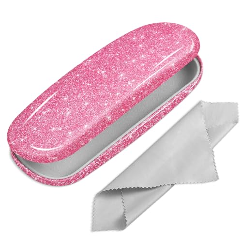 FINTIE Hard Shell Eyeglasses Case, Portable Protective Glasses Cover Eyeglass Holder Box with Cleaning Cloth for Men Women (Glittering Pink)