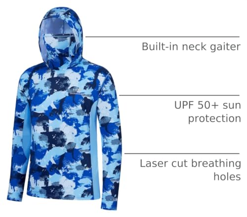 Image of BASSDASH Men's UPF 50+ Fishing Hiking Camo Hoodie Shirt with Face Mask Lightweight Neck Gaiter Long Sleeve