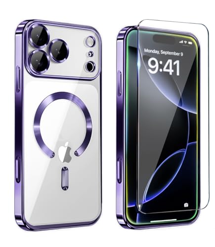 Image of Magnetic Glossy Case for iPhone 17 Pro Max,iPhone 17 ProMax Phone Case Slim Clear Luxury with Screen Protector & Camera Protector [Compatible with MagSafe], Shockproof Cover for iPhone 17 Max-Purple