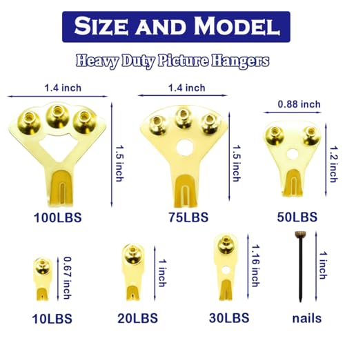 Image of 127 PCS Picture Hanging Kit,Picture Hangers Heavy Duty Picture Hanging Hooks with Nails on Wooden&Drywall,Holds 10-100 lbs for Photo Frame,Canvas,Clock, House Decoration(6 Types)