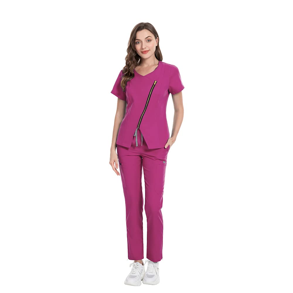 niaahinn Scrub for Women Medical Uniform Scrub Top & Jogger Pants Women Scrub Suit (Hot Pink,L,Large)