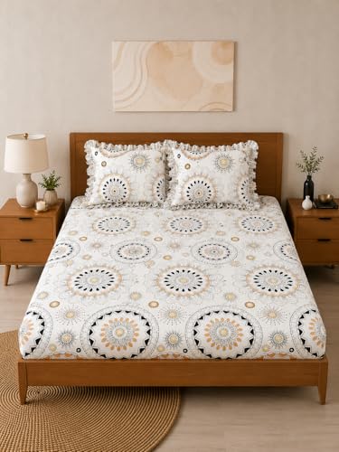 Image of 380 TC Premium Glace Cotton Elastic Fitted Bedsheet King Size with 2 Pillow Covers King Size | Double Bed with All Around Elastic (White Gola, Fitted - Double72x72)
