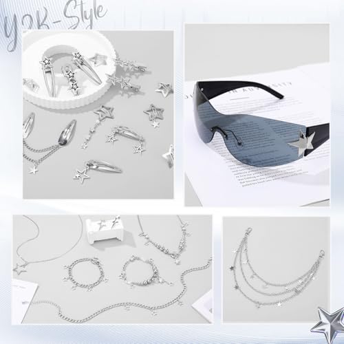 JATEBI 23pcs Y2K Accessories Set for Women Included Star Earrings Layered Pants Chain Sunglasses Hair Clips Necklace Star Bracelets Grunge Jewelry Set (Black) by JATEBI - Used condition - Image 3