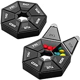 Weekly Pill Organizer, 2 Pack Portable Travel Pill Box Dispenser Medicine case 8 Colors (Seven Day) New Edition for Vitamin/Fish Oil/Pills/Supplements-Arthritis Friendly (Black)
