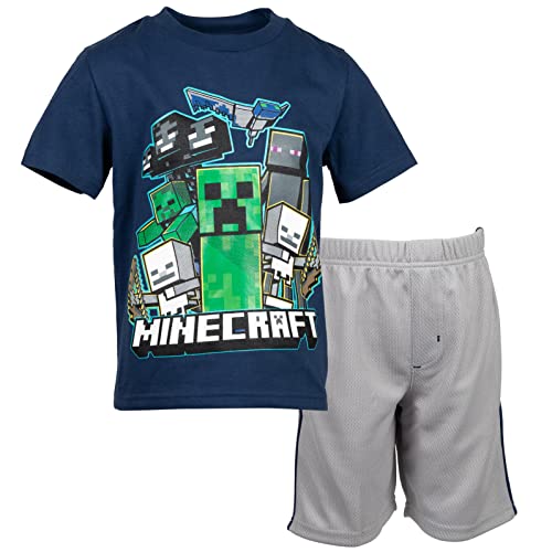 Minecraft Creeper Skeleton Zombie Little Boys Athletic Graphic T-Shirt and Mesh Shorts Outfit Set Blue/Grey 5