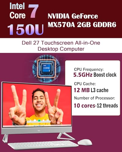 Image of Dell 27 All-in-One Desktop Computer, Core 7 150U(Up to 5.5 GHz), 27 inch FHD IPS Touch Display, Windows 11 Pro, 32GB DDR5, 1TB SSD, Wireless KB & Mouse, NVIDIA GeForce MX570A GDDR6, Wi-Fi 6E
