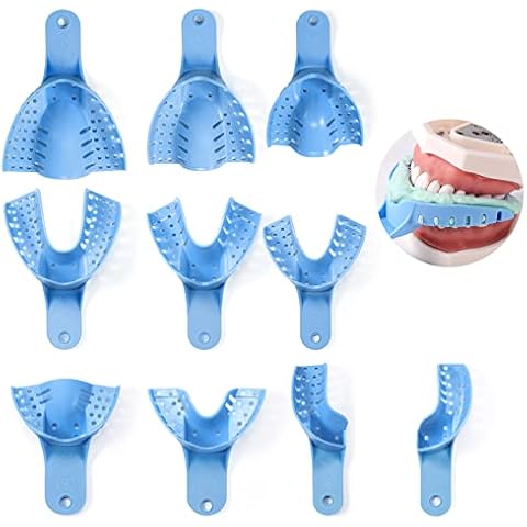 Annhua Dental Impression Trays Autoclavable 10 PCS, Perforated Impression Trays Set Plastic Teeth Holder for Dental Clinic, Lab Equipment, Dental Students - Blue Cover