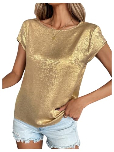 Verdusa Women's Backless Cap Sleeve Blouse Crew Neck Dressy Tops Gold Large