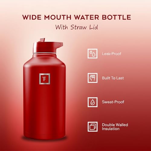 Image of IRON FLASK Camping & Hiking Hydration Flask with Straw, Wide Mouth Insulated Stainless Steel Sports Water Bottle - Fire Red 64 oz - Straw (1 Lid)