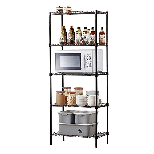 Home Organizer 5 Tier Wire Shelves Heavy Duty Height Adjustable Storage Wire Shelf Shelving Rack Microwave Stand with 4 Side Hooks Leveling Feet