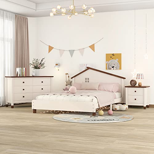 Merax Cream+Walnut Kids Modern Rustic 3 Pieces Solid Wood Set With Full Low House Bed, Closet Dresser, Night Stand, Easy Assemble, Space Saving, Bedroom #TOP9