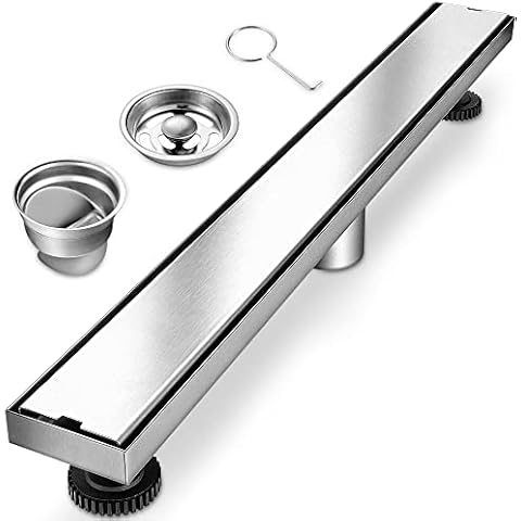 24 Inch Linear Shower Drain with Tile Insert Grate, Brushed 304 Stainless Steel Shower Floor Drain, Rectangle Shower Floor Drain with 2-in-1 Hair Strainer and Leveling feet Cover