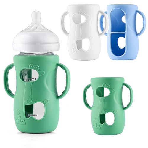 Image of Desing Wish 3 Pack 8oz Silicone Sleeves with Handles for Avent Glass Natural Baby Bottles, Anti Breakage Protective Sleeves Compatible with Philips Avent Glass Baby Bottle 8 oz - Giraffe