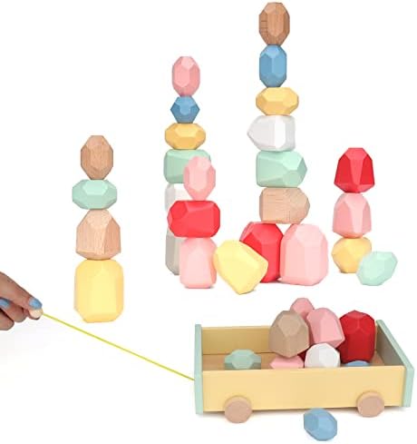 Cewkoo Wooden Stacking Blocks, 26 PCS Balancing Wood Building Blocks Set, Sorting and Stacking Games for Preschool Learning Educational Puzzle, Montessori Toys for Kids Toddlers 1Year Old+