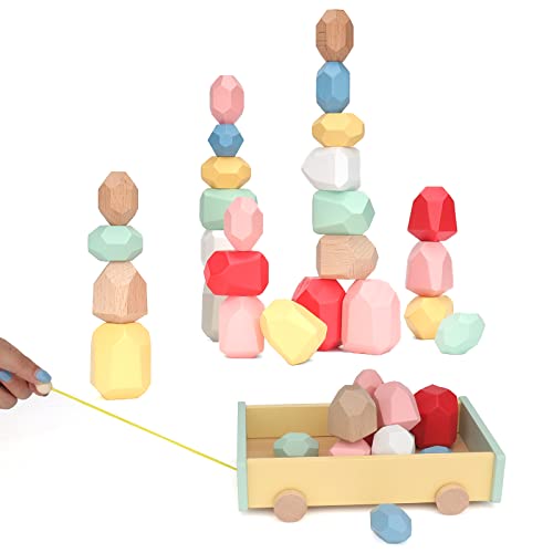 Cewkoo Wooden Stacking Blocks, 26 PCS Balancing Wood Building Blocks Set, Sorting and Stacking Games for Preschool…