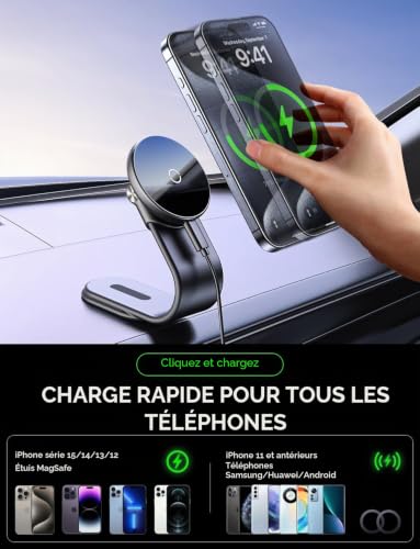 Support Telephone Voiture Induction, 15W Chargeur Voiture pour Magsafe, Tableau de Bord Porte Téléphone Automobile Magnétique avec 3M et Velcro, Chargeur sans Fil pour iPhone Séries 17/16/15/14/13/12 – vue 4