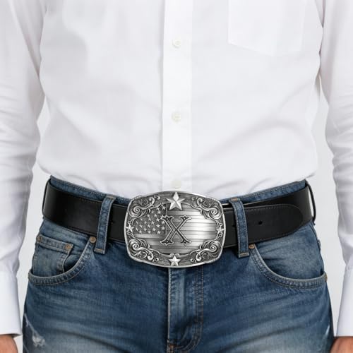Image of Western Belt Buckle for Men Vintage Cowboy Rodeo Texas Initial Letter ABCDJMR to Z Belt Buckles