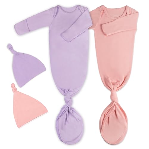 Image of 2Pk Newborn Baby Knotted Gown, Super Soft Silky Infant Long Sleeve Sleeper for Baby Sleeping with Hat or Headband (2 Packs)